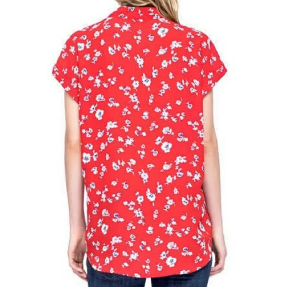 Pleione Anthropologie Floral V-Neck Blouse M Red Short Sleeve Cuffed Dolman Top - Picture 10 of 10
